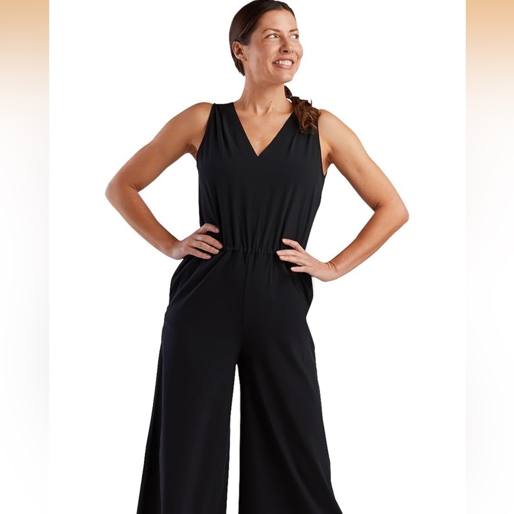 Title Nine New‎ Size L Black Jumpsuit Round Trip Sleeveless V Neck Wide Leg UPF